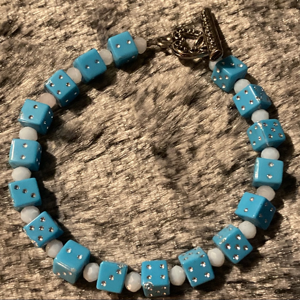 New Bright Blue Lucite Dice Casino Bracelet W/ White Cut Faceted Glass Accents